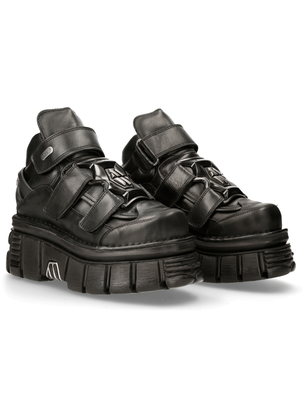 NEW ROCK black leather ankle boots with metallic details and platform sole, featuring gothic style and Velcro straps.