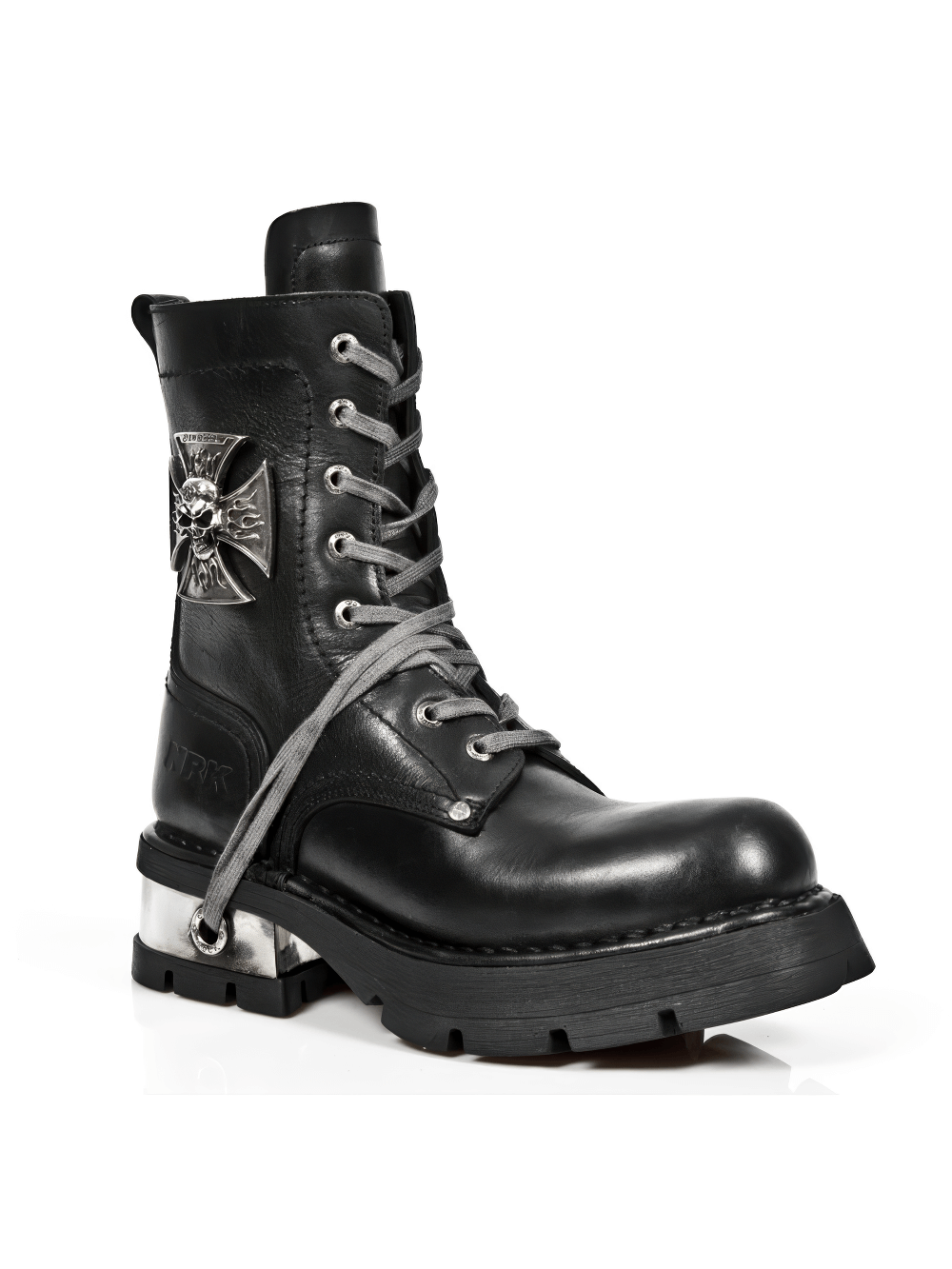NEW ROCK Unisex Metal Skull Lace-Up Leather Ankle Boot