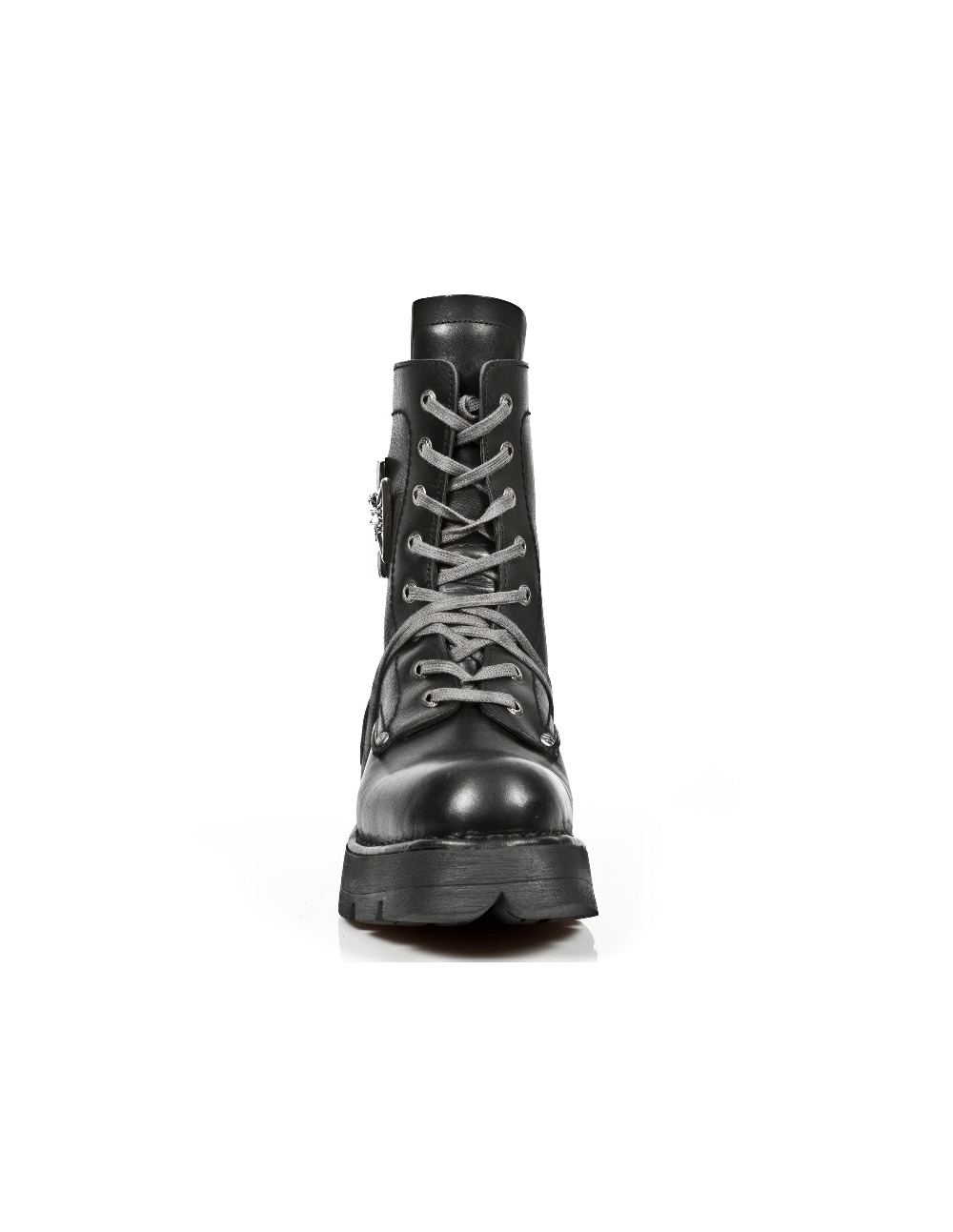 Front view of NEW ROCK Men's Metal Skull Lace-Up Leather Ankle Boot in black, featuring robust design and lace-up closure.