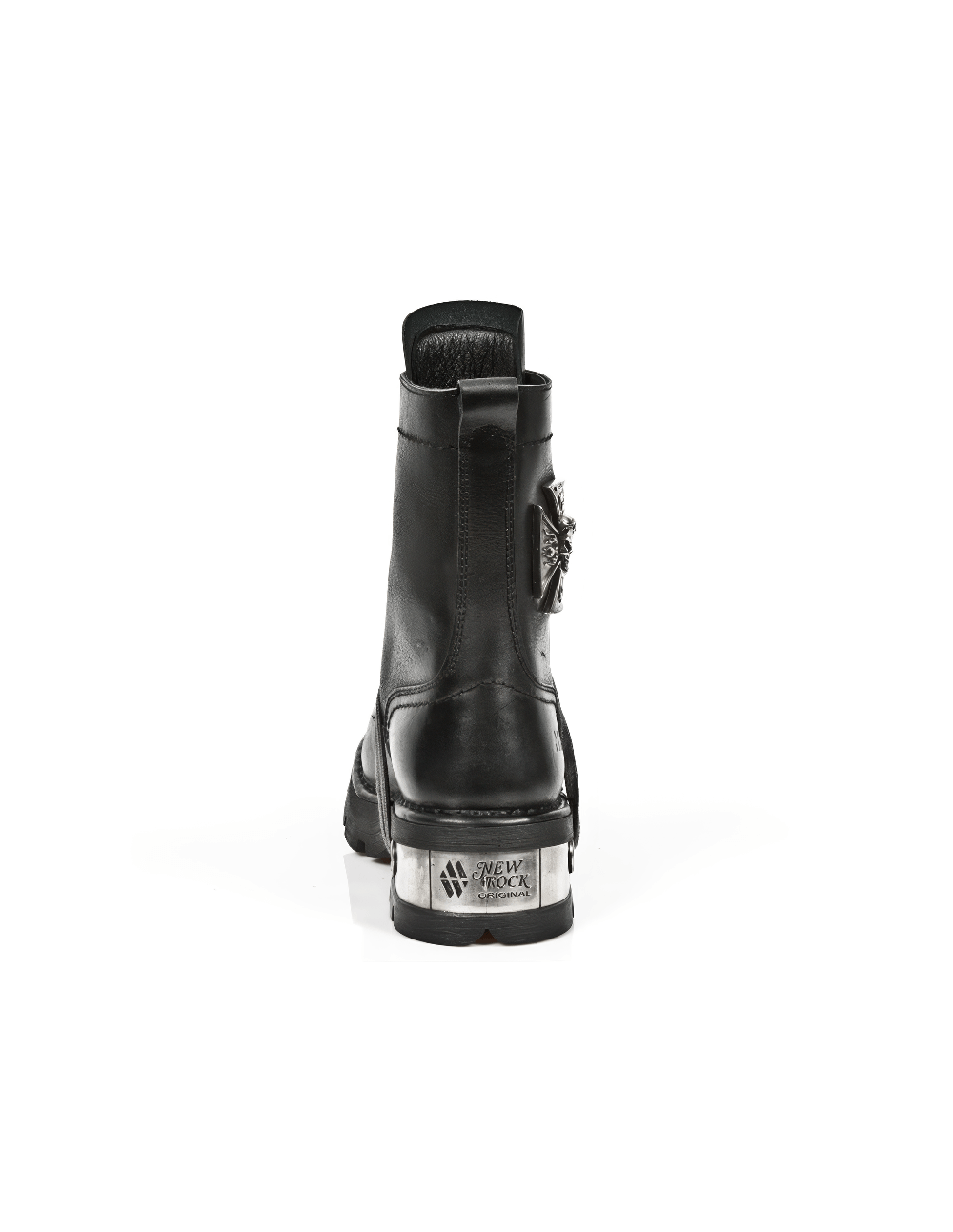 Back view of NEW ROCK Men's Metal Skull Lace-Up Leather Ankle Boot with rugged black leather and metallic details.