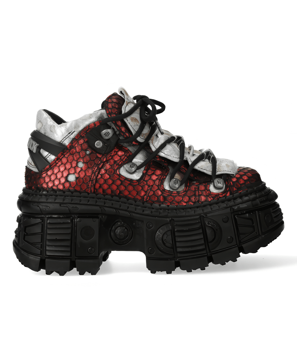 NEW ROCK men's red snakeskin ankle boots with a bold design and metallic sheen, perfect for fashion-forward styles.