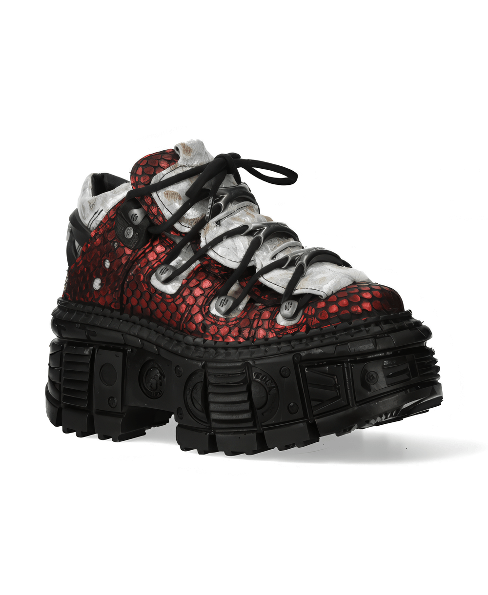 NEW ROCK men's red leather ankle boots with snakeskin design and chunky black sole.