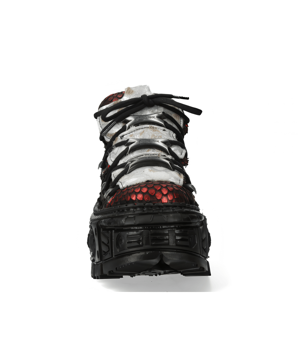 Men's red leather snakeskin ankle boots with metallic sheen and rock style design.