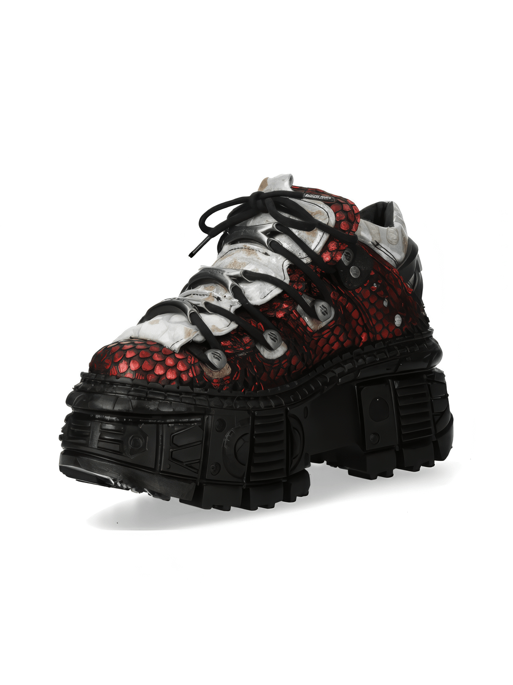 Bold red leather ankle boots with a snakeskin pattern, featuring a chunky sole and metallic accents for a rock-inspired look.