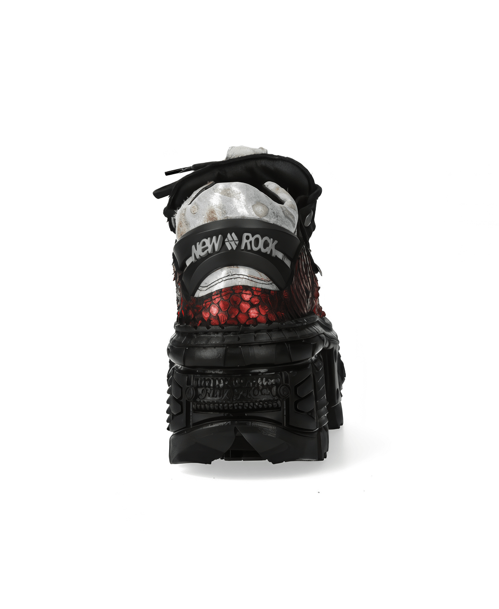 Back view of NEW ROCK Men's red leather ankle boots featuring striking snakeskin design and bold metallic details.
