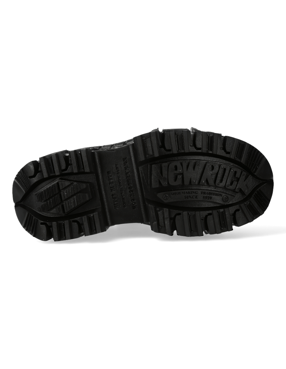 New Rock ankle boots sole featuring rugged tread and branded logo for grip and style.