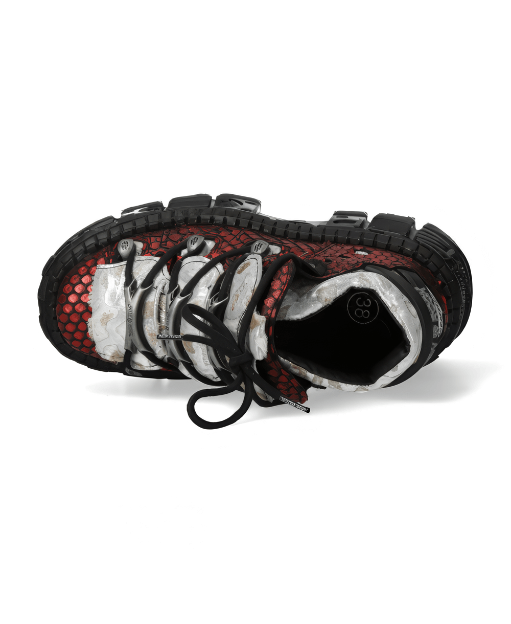 Top view of NEW ROCK Men's Red Leather Rock Style Ankle Boots with snakeskin pattern and bold black outsole.