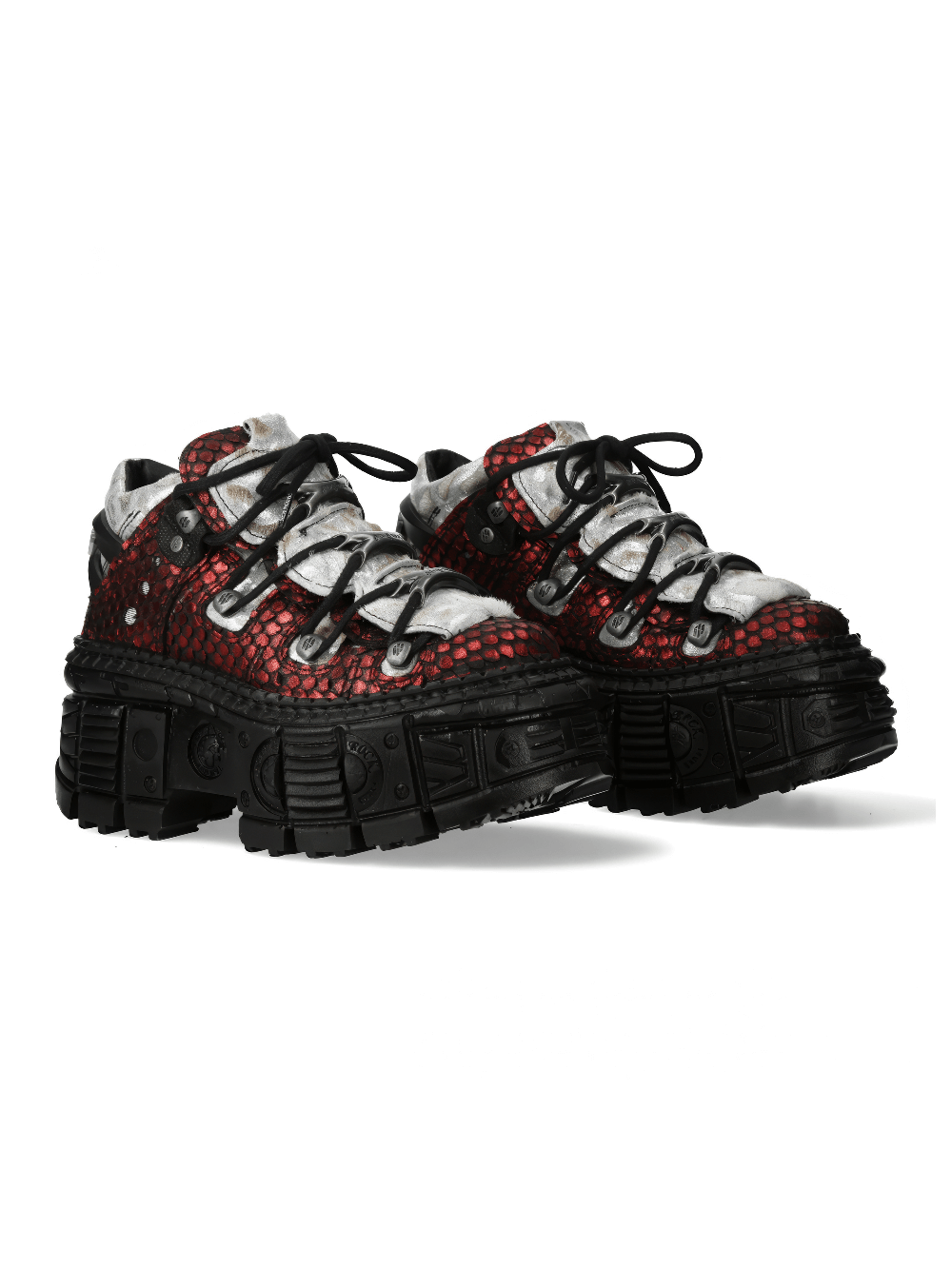 NEW ROCK red leather ankle boots with snakeskin pattern and black soles, perfect for bold fashion statements.