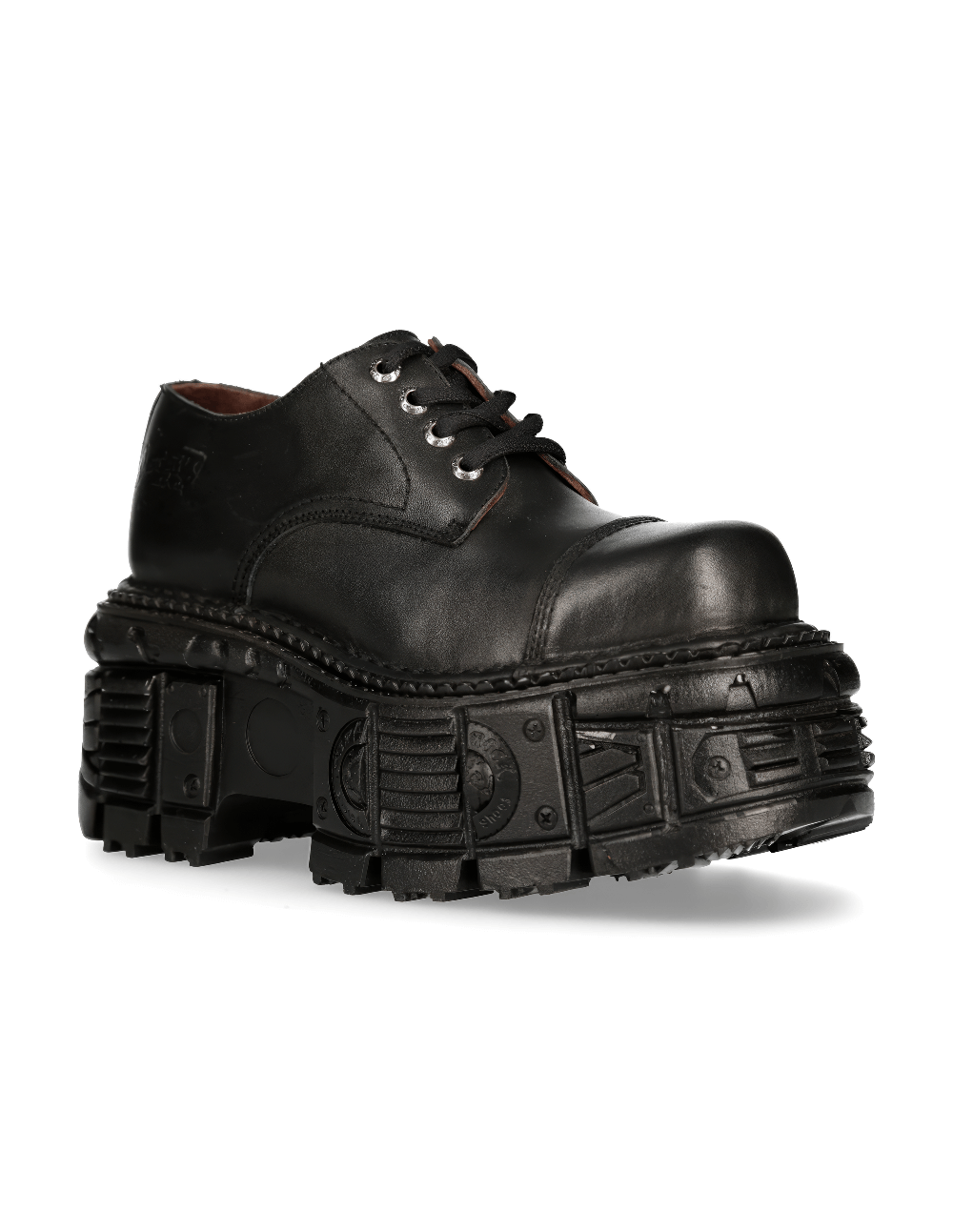 NEW ROCK Men's black leather platform ankle boots with a unique rugged design and lace-up clasp.