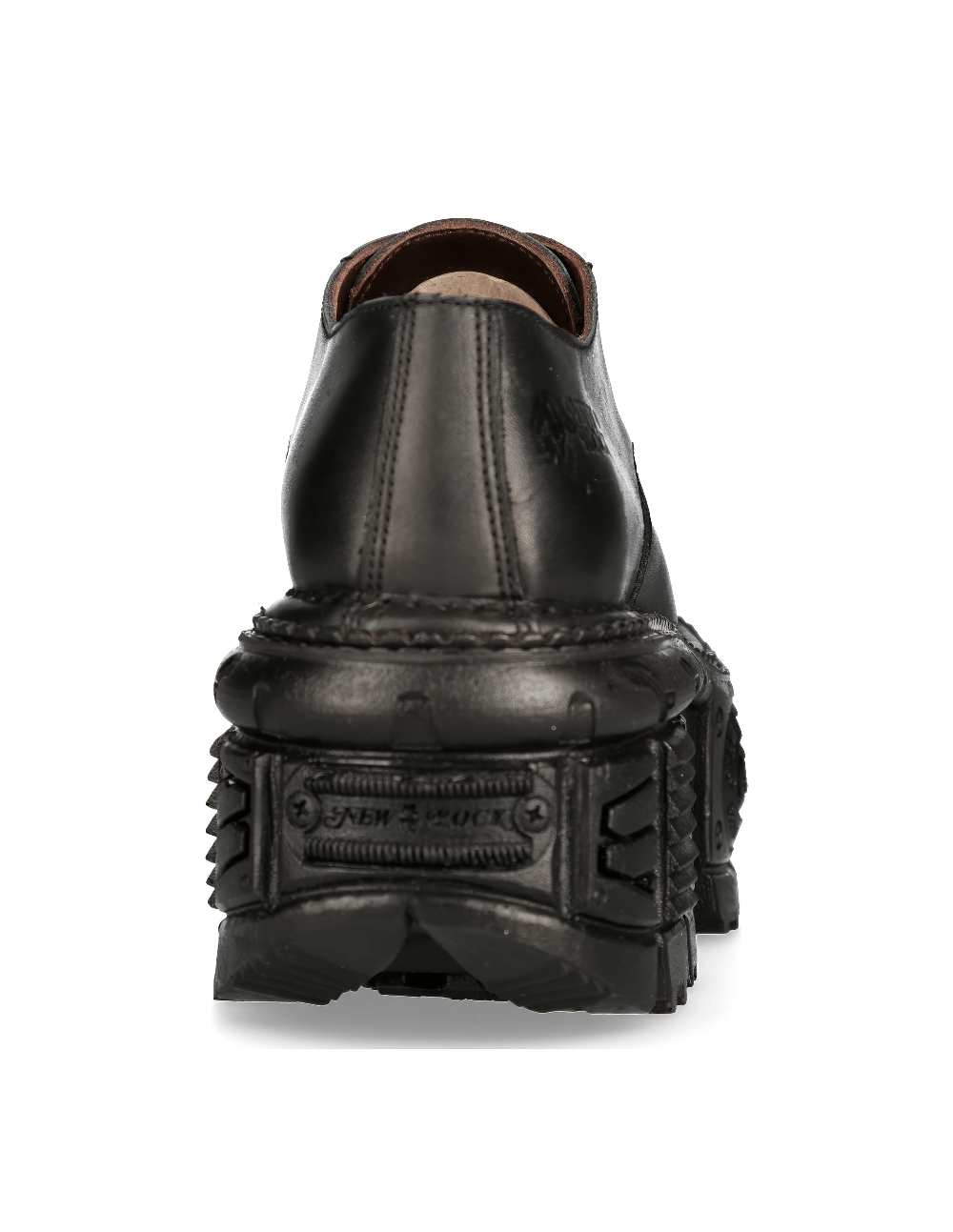 Back view of NEW ROCK men's rugged black platform ankle boots showcasing the sturdy PU-ultra sole.