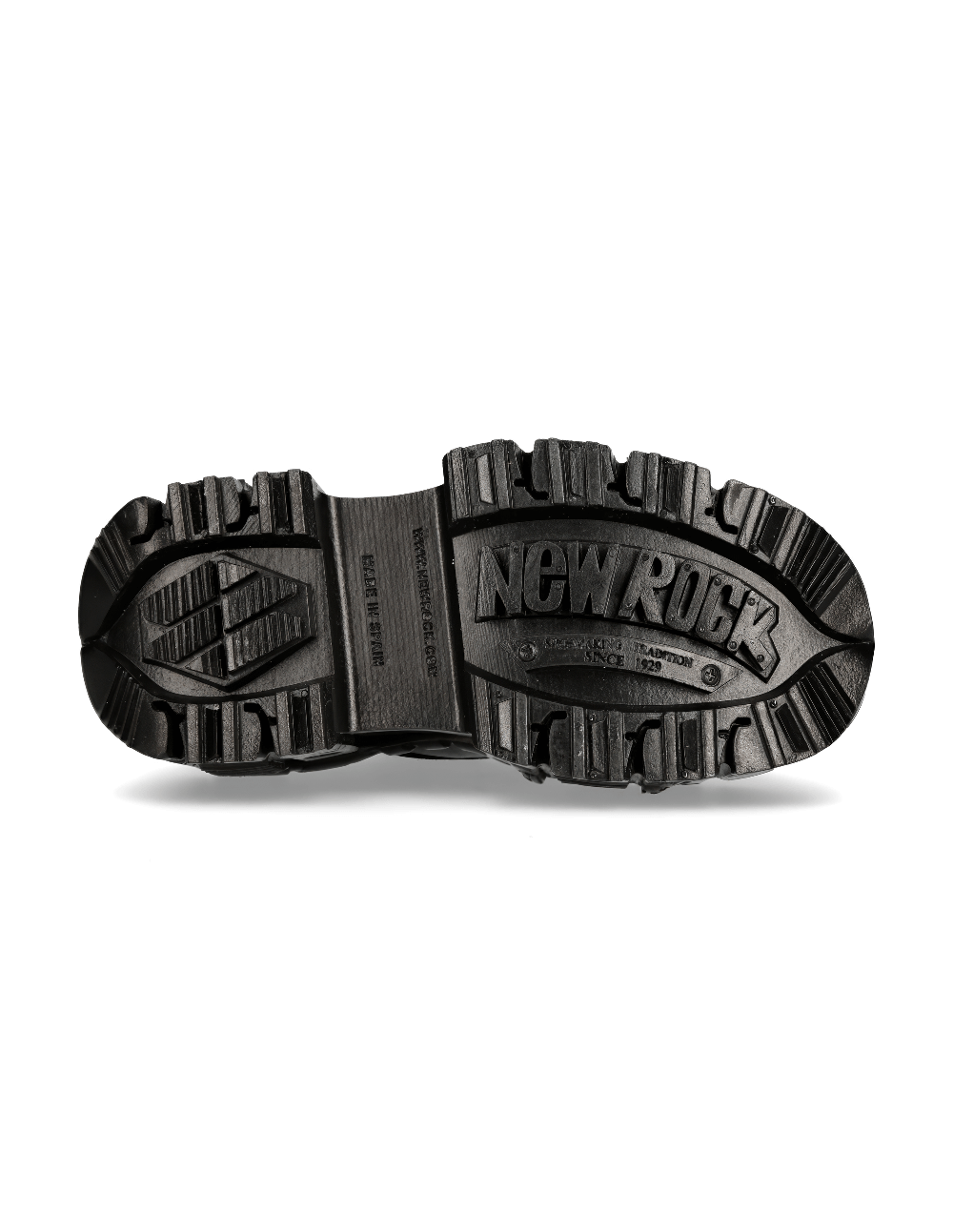 Bottom view of NEW ROCK black platform ankle boot featuring rugged sole and detailed branding.