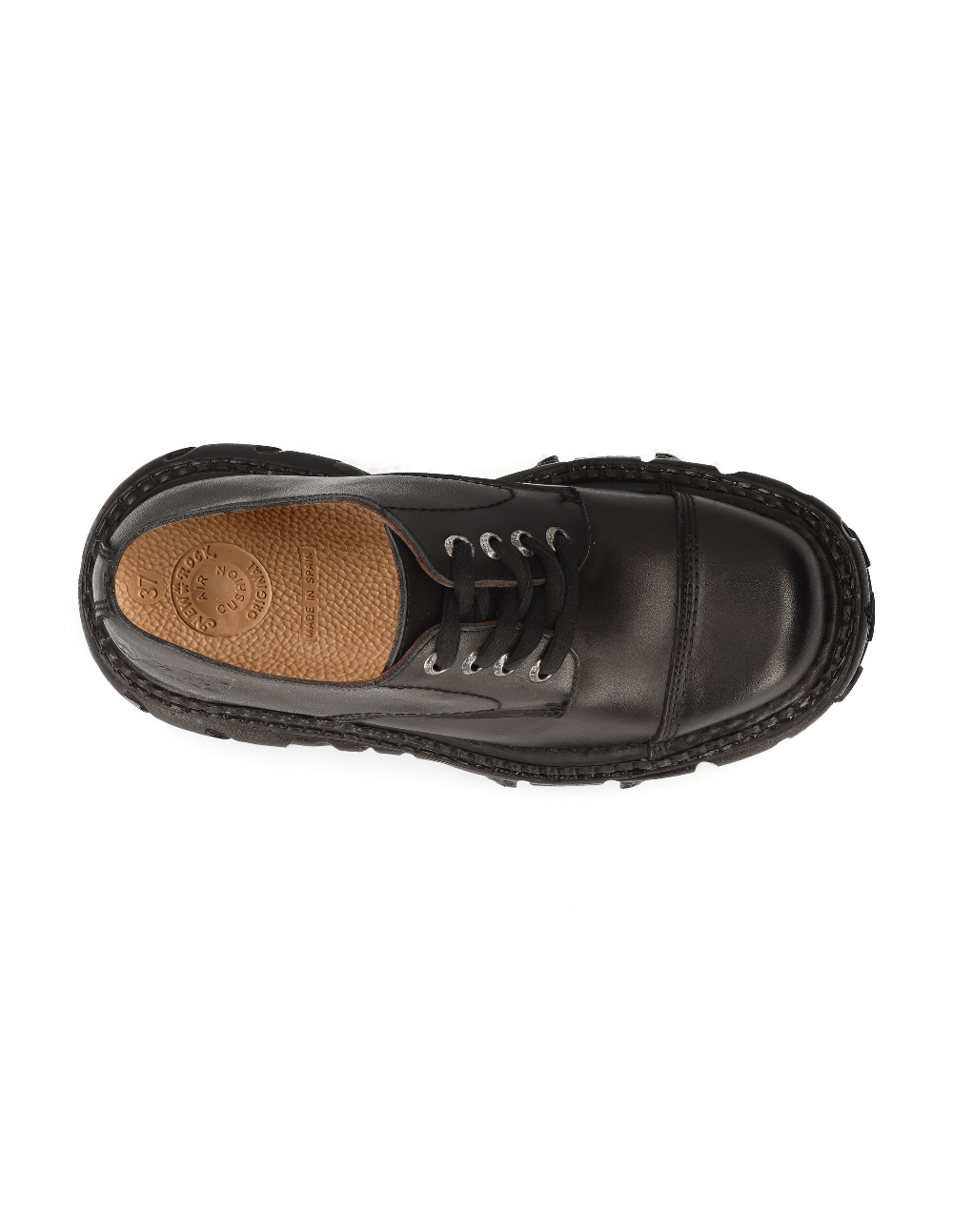 Top view of NEW ROCK black leather platform ankle shoes for men, showcasing lace-up design and durable sole.