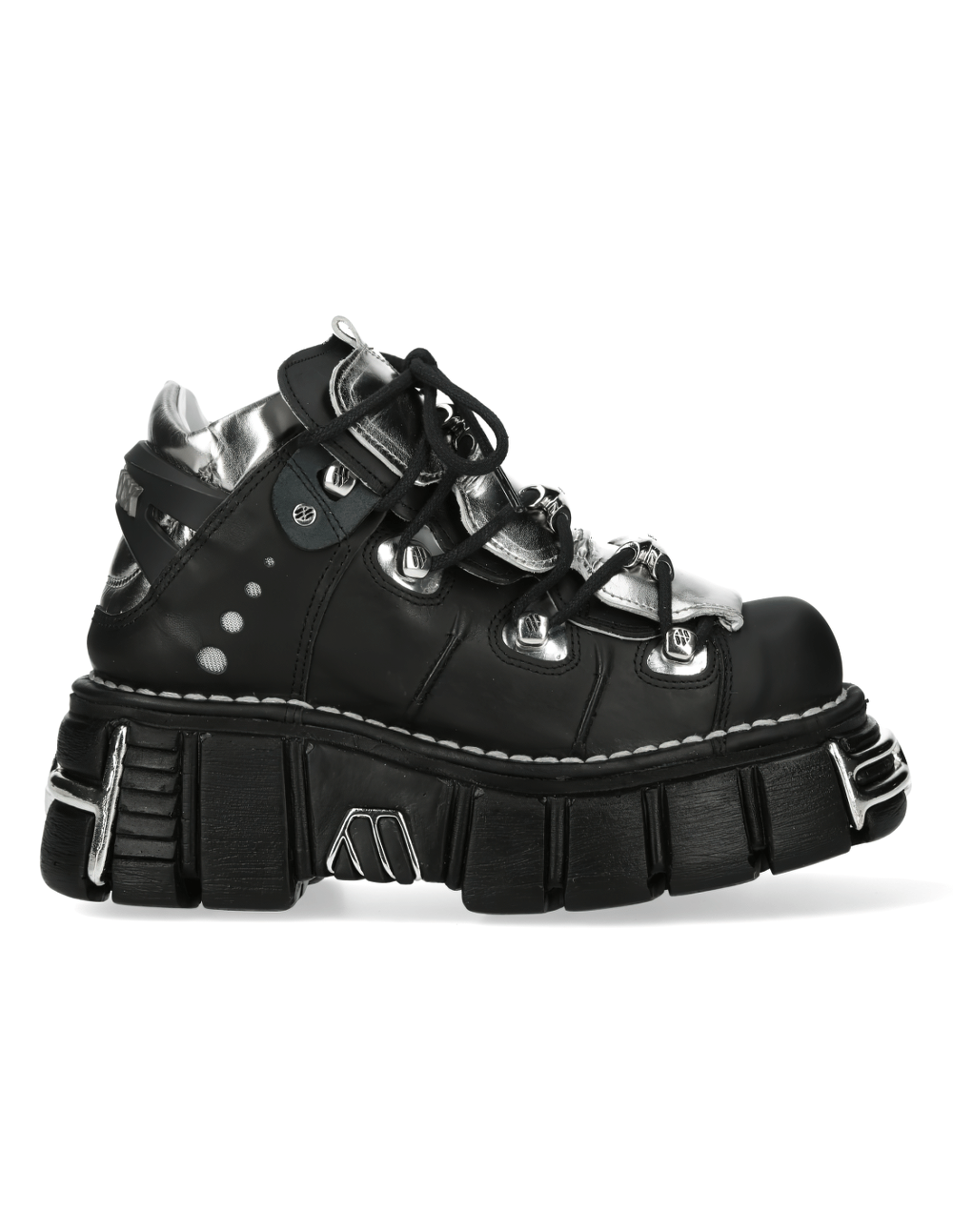 NEW ROCK Men's Punk Style Metal Lace-Up Ankle Boots in black with silver accents and rugged chunky sole.