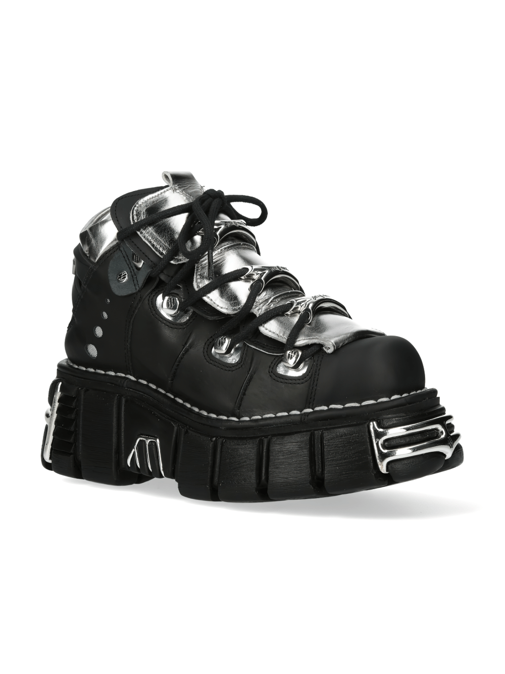 NEW ROCK Men's black and silver metal studded lace-up ankle boots with chunky sole, perfect for a punk style.