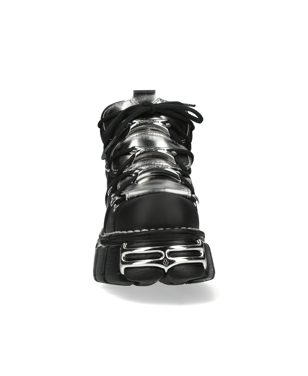 Stylish NEW ROCK Men's Rugged Metal Lace-Up Ankle Boots in punk black with striking silver accents and metal studs.