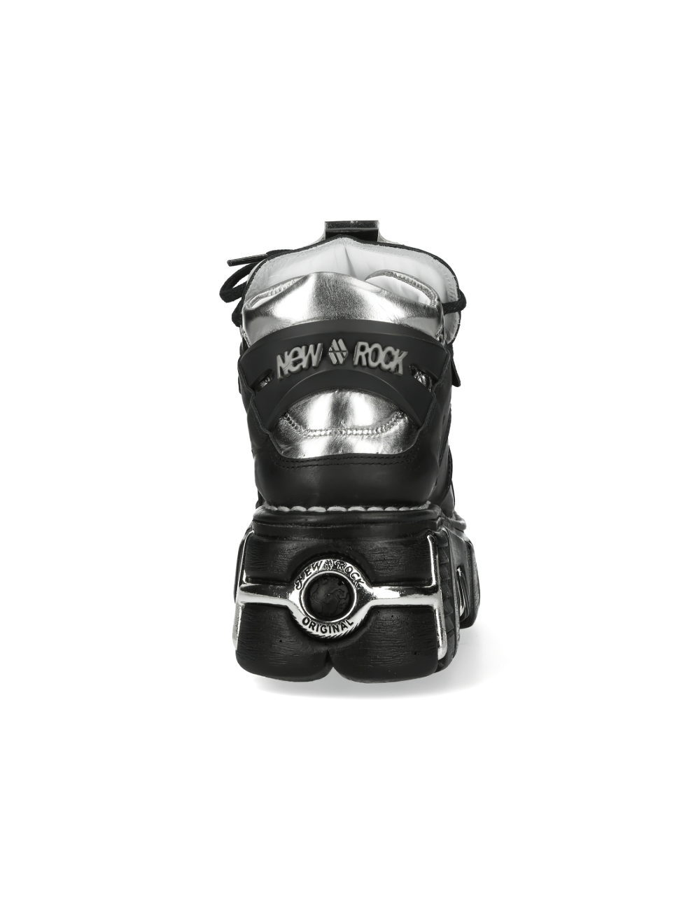 NEW ROCK Men's rugged black and silver ankle boots with metal studs and lace-up closure, showcasing a punk style.