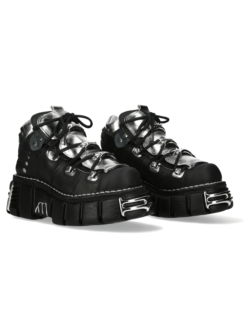 NEW ROCK Men's black lace-up ankle boots with silver metallic accents and chunky platform sole.