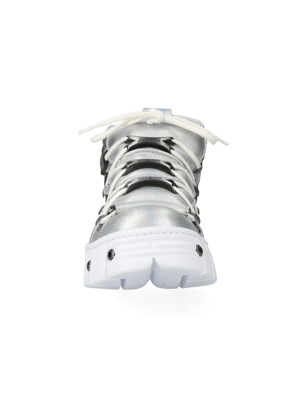 Front view of NEW ROCK men's silver leather ankle boots with bold design and white laces.