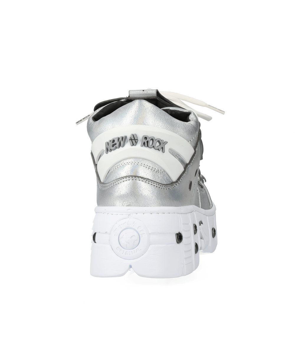 Back view of NEW ROCK men's silver ankle boots with bold design and white sole, showcasing rock fashion style.