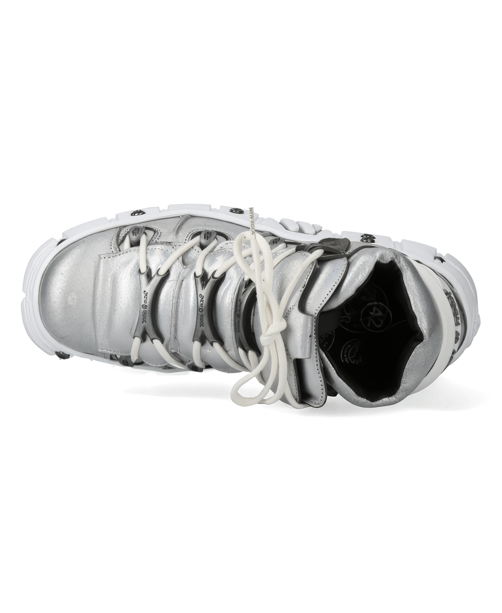 Stylish silver rock-inspired ankle boots for men, featuring a sleek design and eye-catching details from New Rock.