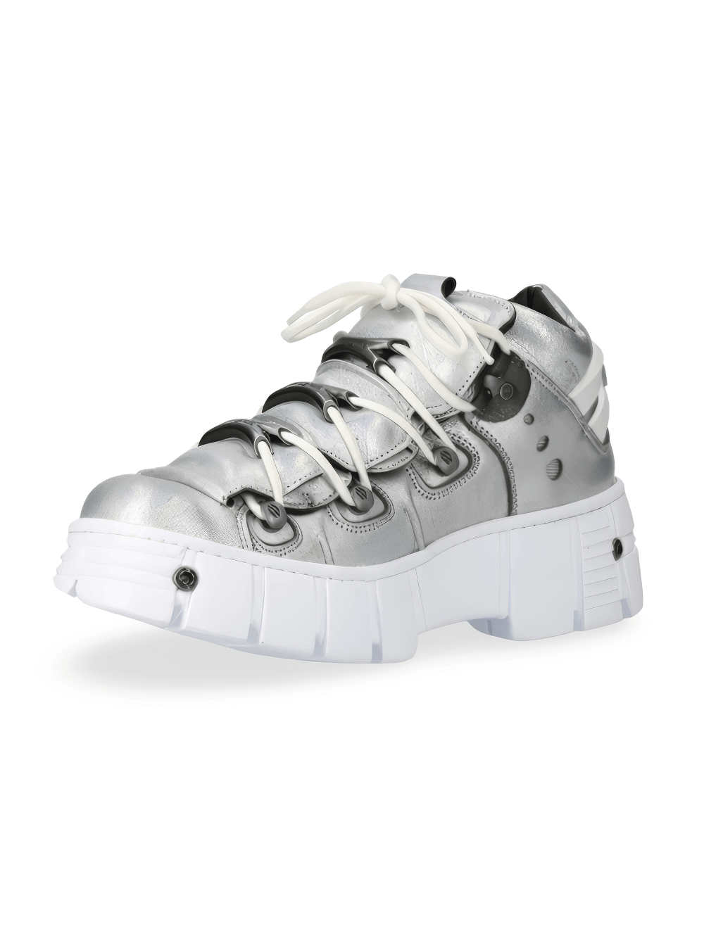 Stylish silver rock-inspired ankle boots with bold design and white laces, perfect for a standout look.