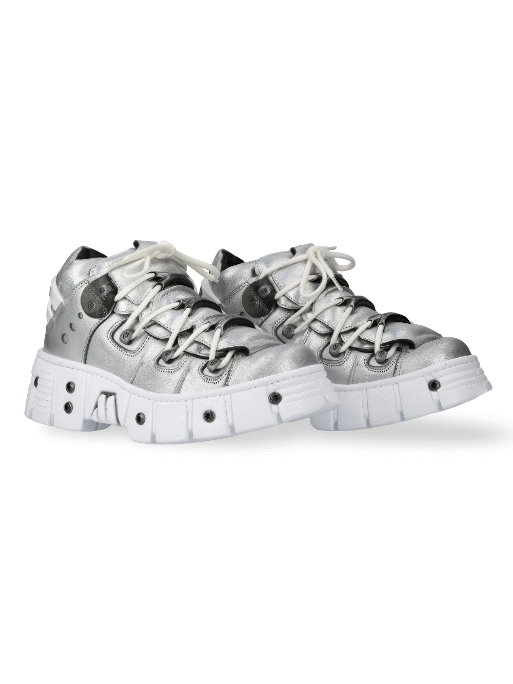 Silver rock-style ankle boots for men with dramatic design and sturdy white sole.