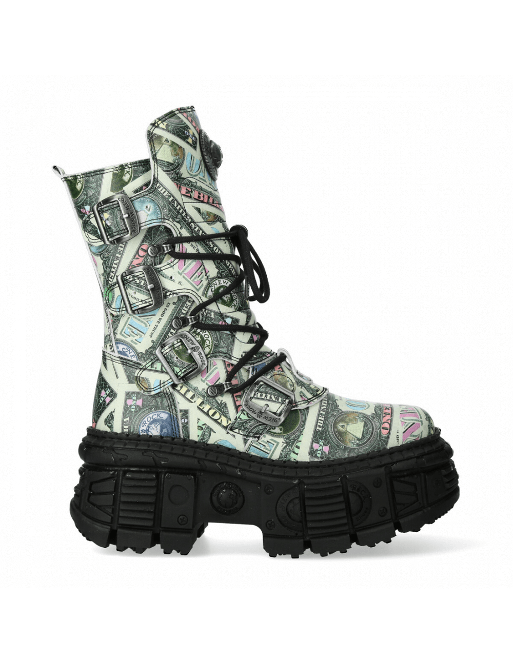 NEW ROCK Men's vibrant money print punk mid-calf boots with lace-up, zipper, and buckle closures.