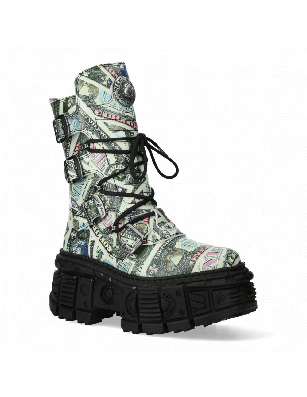 NEW ROCK men's punk mid-calf boots with vibrant money print, lace-up and buckle closures, robust style and grip.
