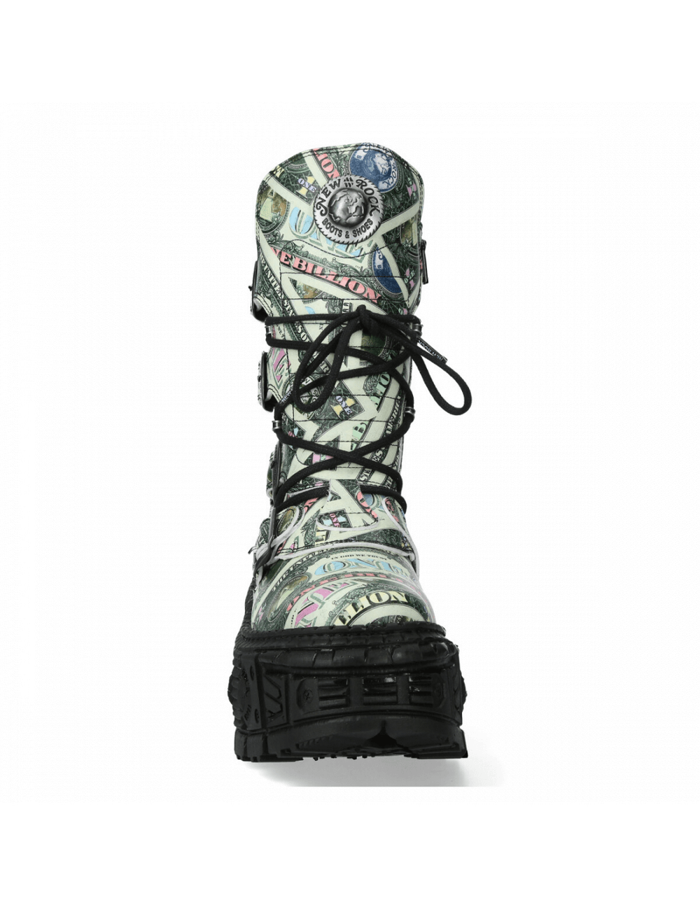NEW ROCK Men's Mid-Calf Boots with vibrant dollar bill print, lace-up and buckle closures, edgy punk style.