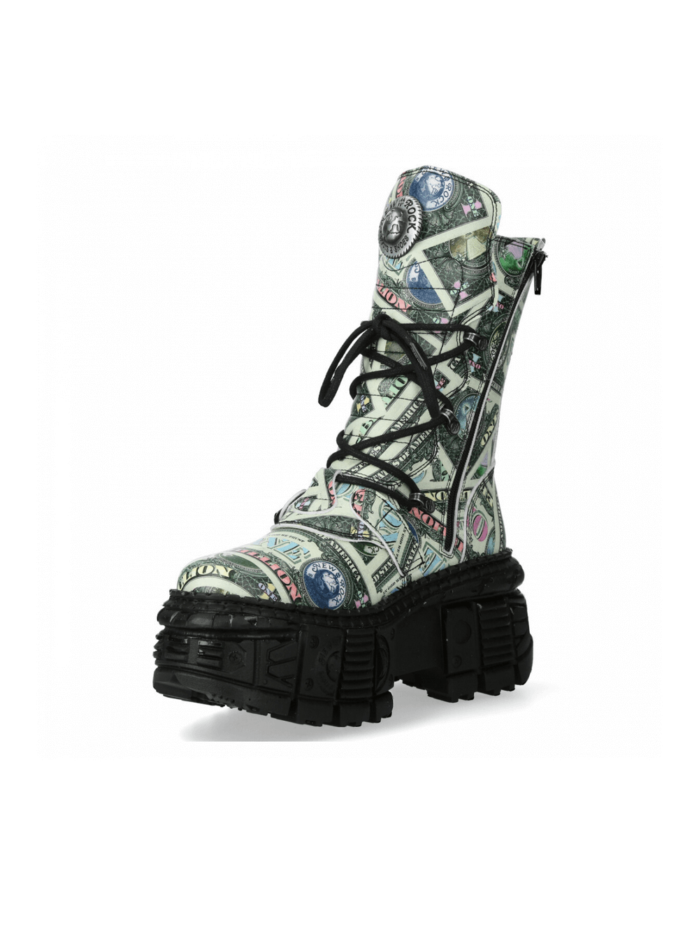 NEW ROCK Men's mid-calf punk boots featuring vibrant money print, lace-up and zipper closures for a bold style.