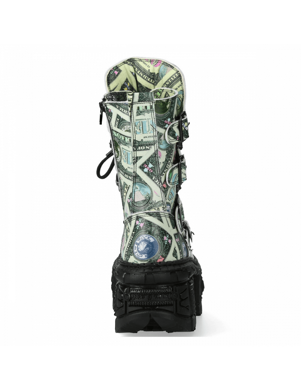 Back view of NEW ROCK Men's mid-calf punk boots with dollar bill print and robust black sole.