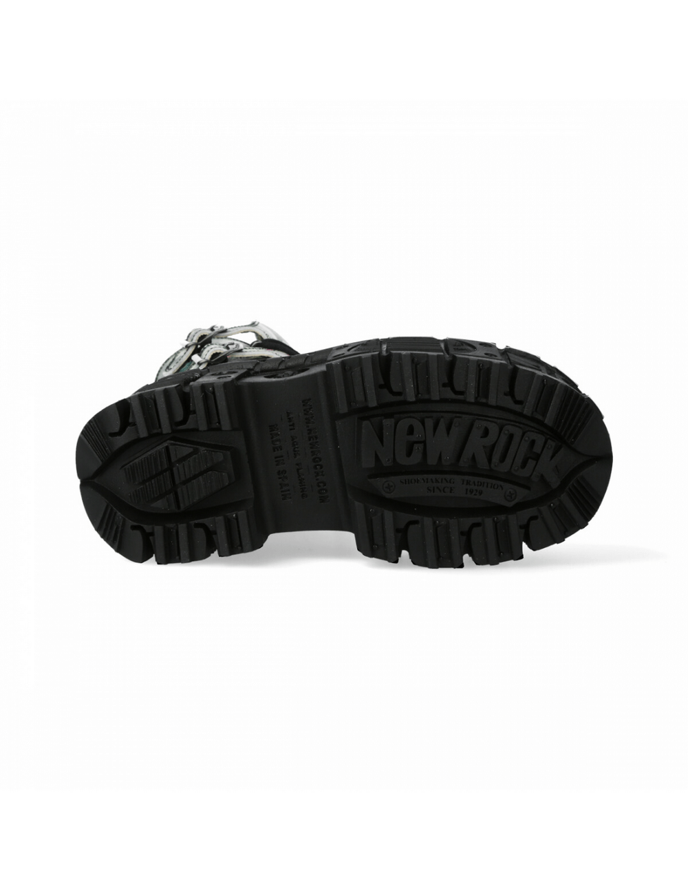 Underside view of NEW ROCK Men's punk mid-calf boots featuring a durable rubber sole with logo.