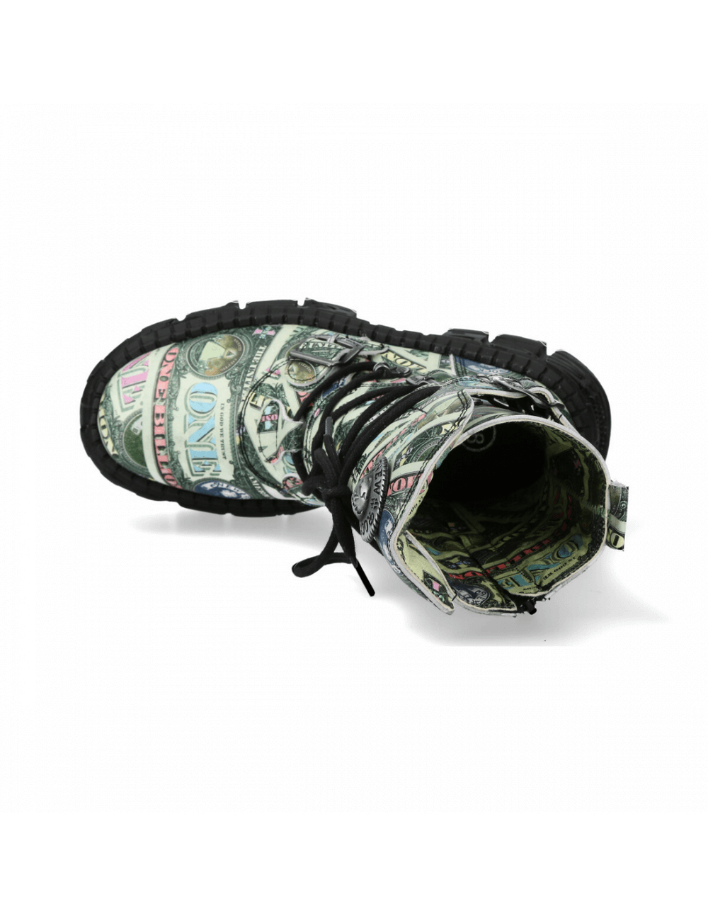 Top view of NEW ROCK Men's Punk Mid-Calf Boots with vibrant dollar bill print, featuring lace-up design and rugged sole.