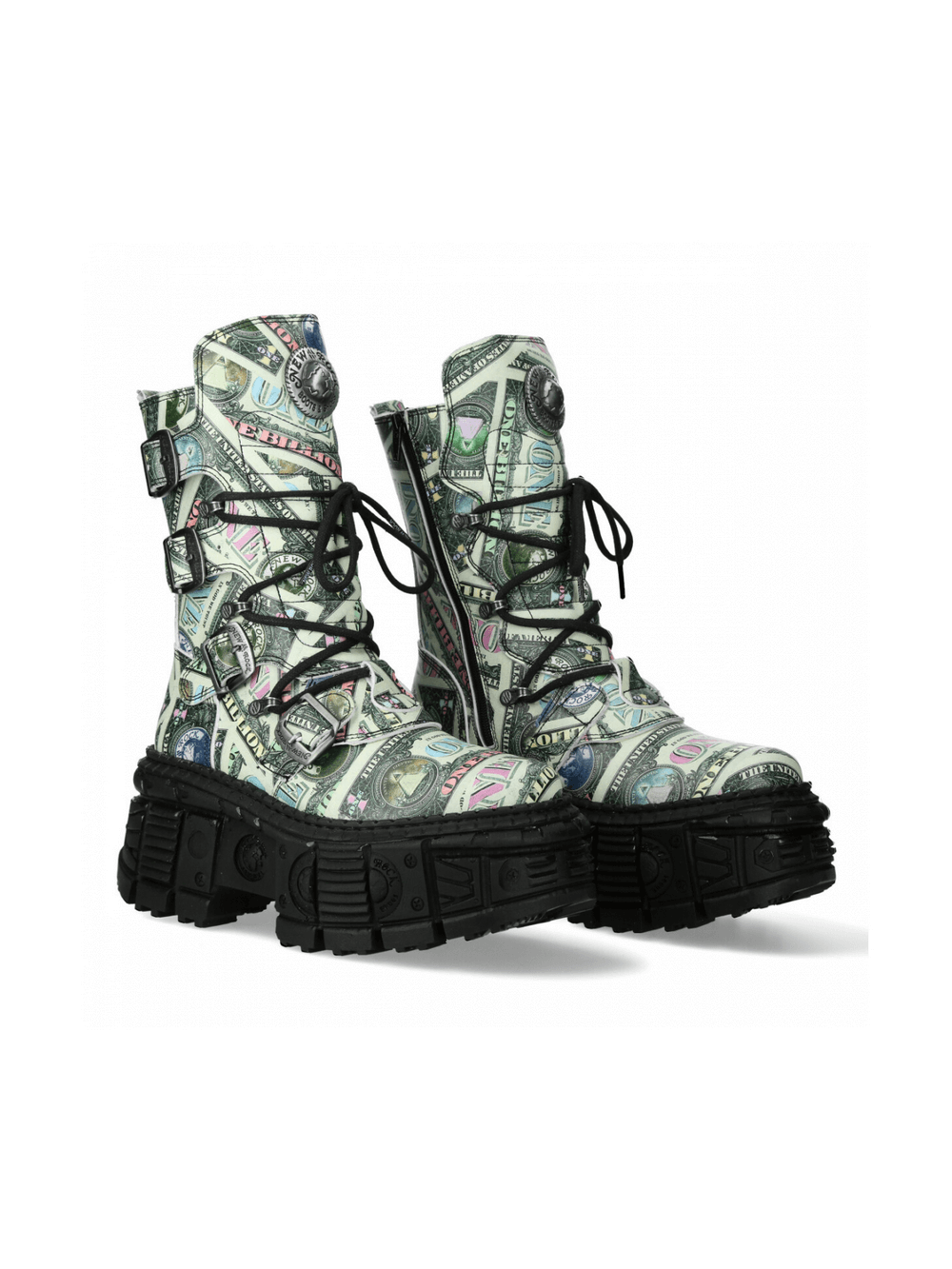 Men's punk mid-calf boots featuring a vibrant dollar bill print, lace-up and zipper closures for bold style.