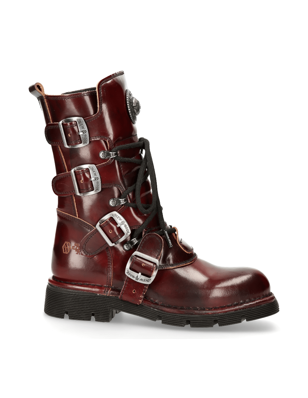 Men's Wine Red Leather Urban Combat Boots with buckles and lace-up design, perfect for a bold gothic style.