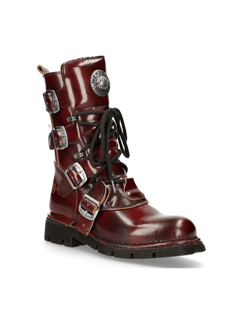 NEW ROCK Men's wine red leather urban combat boot with buckles and laces for gothic style and robust performance.