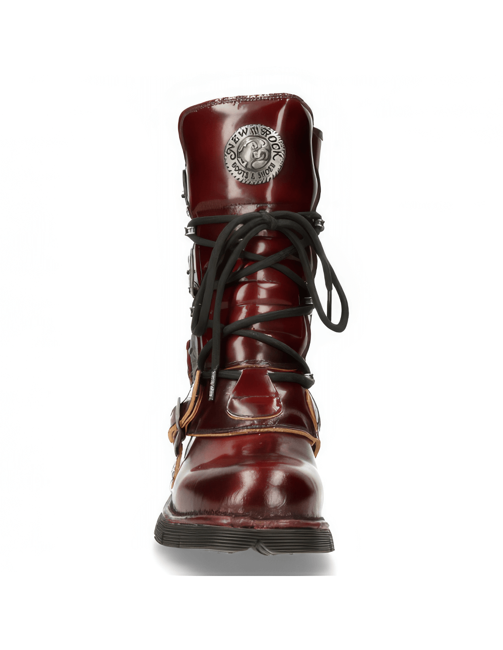 Front view of NEW ROCK Men's Wine Red Leather Urban Combat Boots with laces and stylish design.