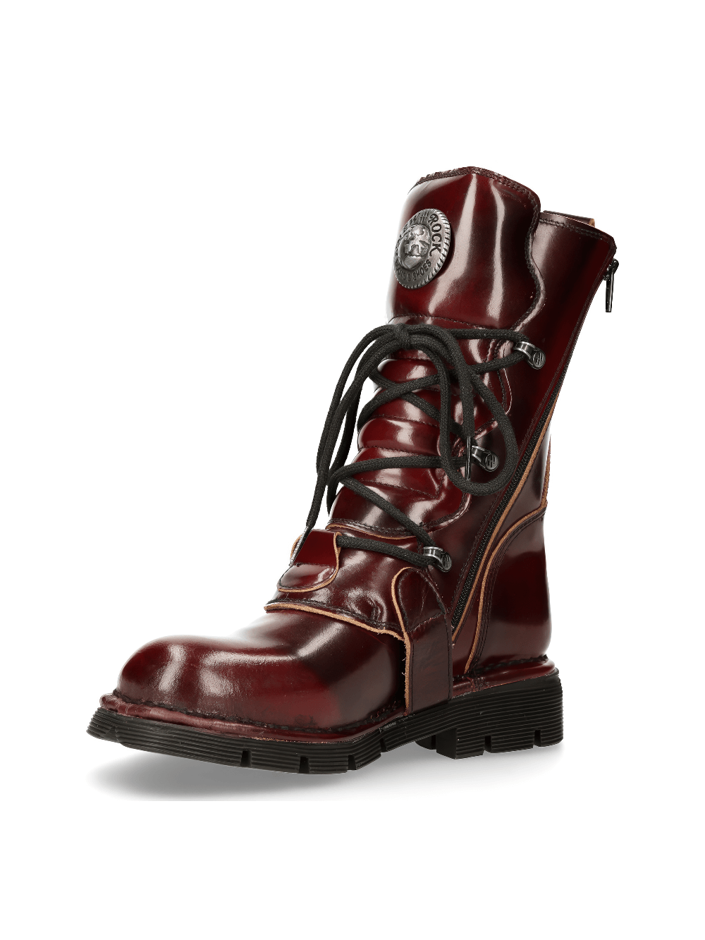 NEW ROCK Men's wine red leather urban combat boots with zipper closure and rugged rubber sole.