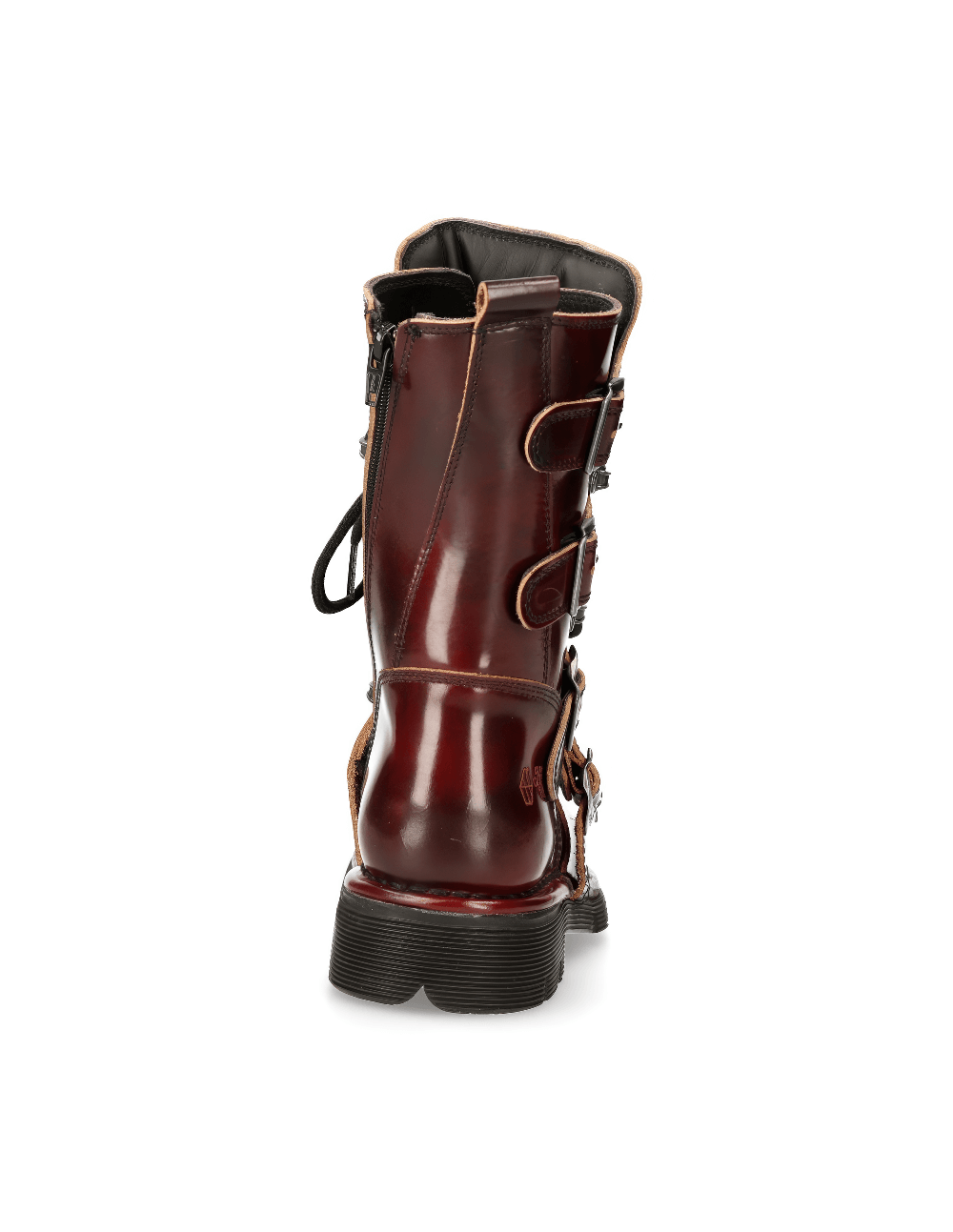 Back view of NEW ROCK men's wine red leather urban combat boots with a zipper and strap detailing.