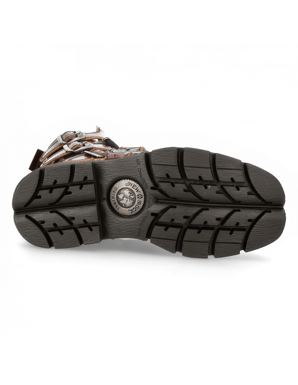 Sleek black outsole of NEW ROCK Men's Wine Red Leather Urban Combat Boots showcasing robust tread design.