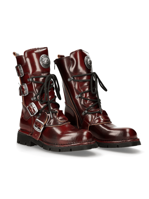 NEW ROCK Women's Wine Red Leather Urban Combat Boots