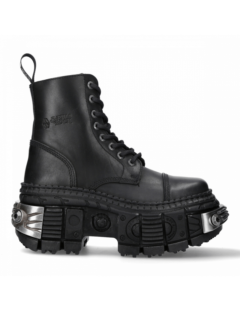 Stylish unisex black lace-up ankle boots with metallic details and chunky platform sole.