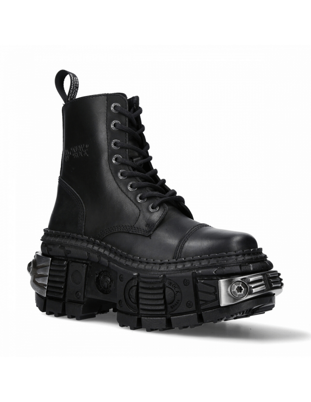 Stylish NEW ROCK unisex black zipper ankle boots with metallic details and platform heel.