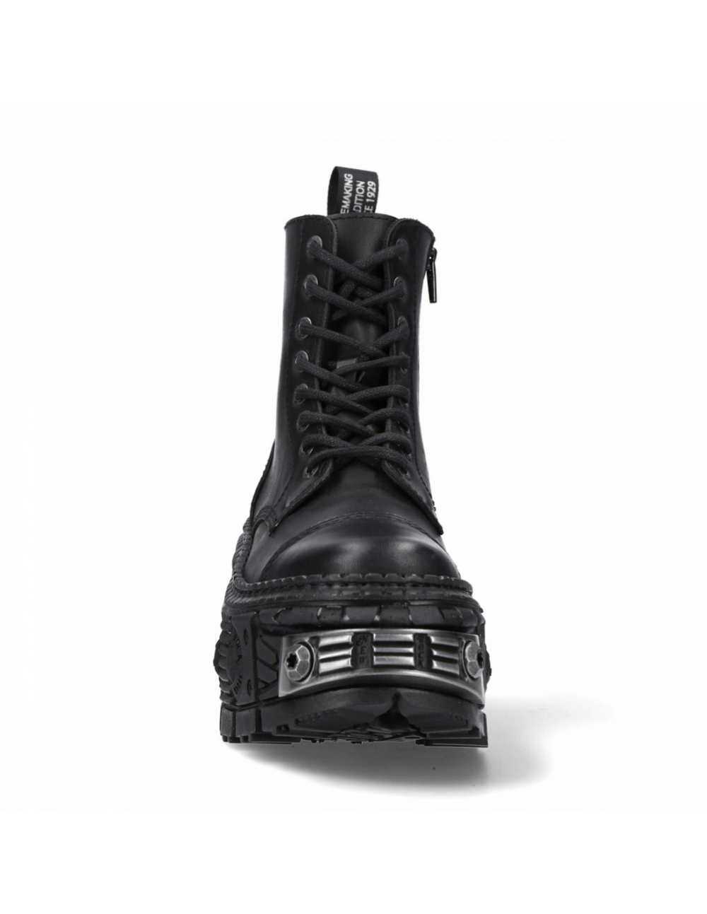Front view of NEW ROCK unisex black zipper ankle boots with metallic accents and lace-up design.