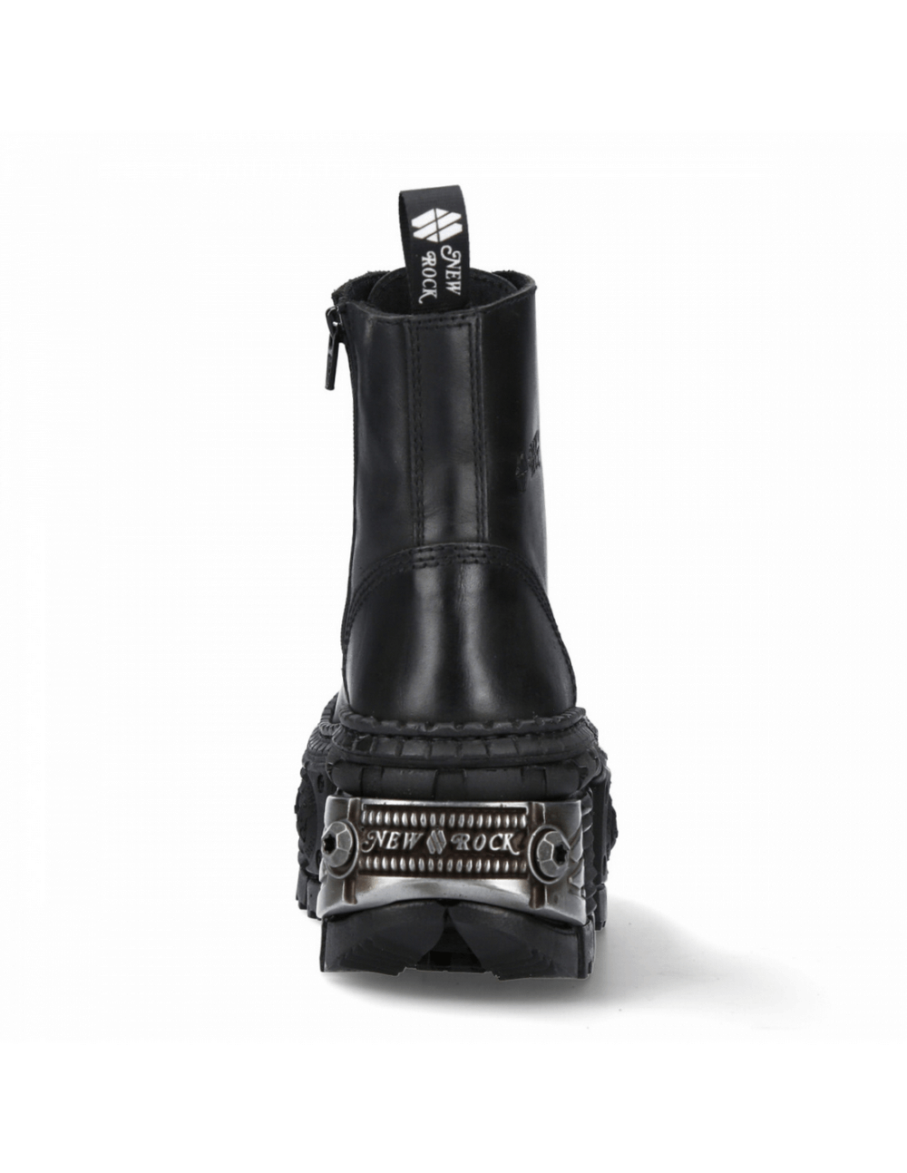 Back view of NEW ROCK unisex black zipper ankle boots with metallic details and rugged platform heel.