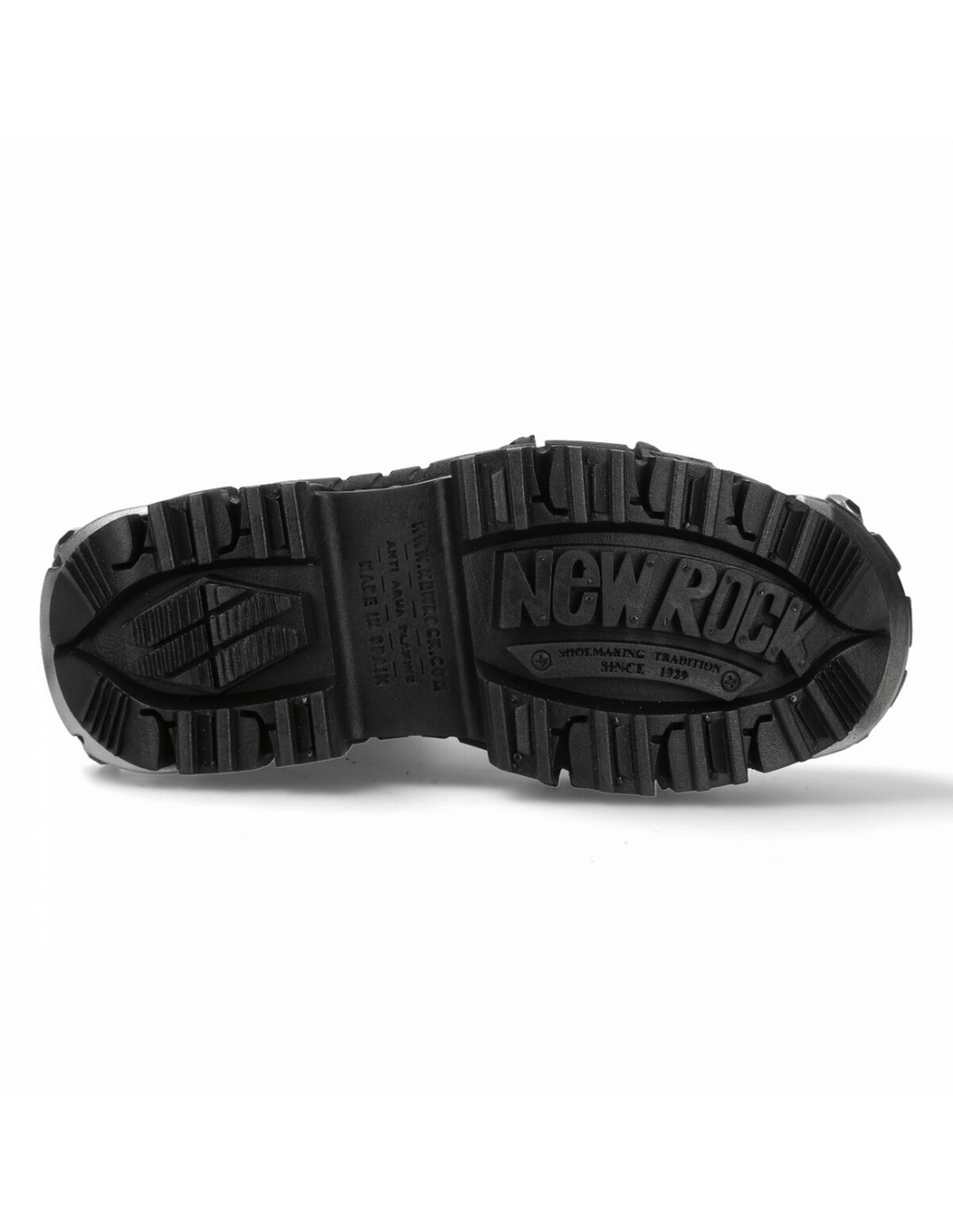 Bottom view of NEW ROCK unisex black ankle boots showcasing sturdy sole and logo details.