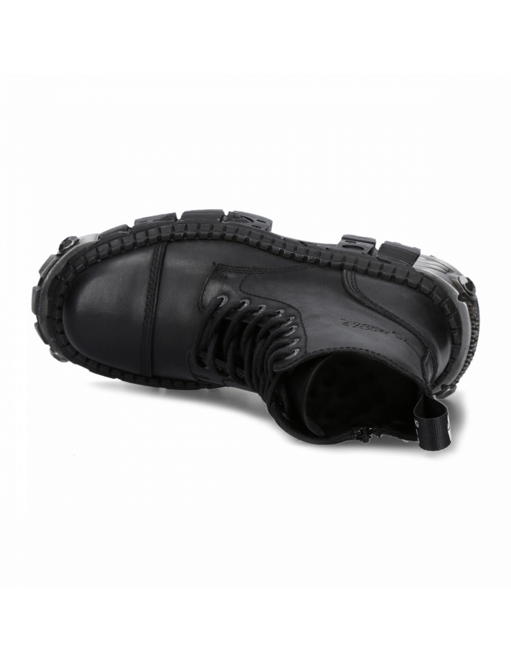 Top view of black unisex lace-up ankle boots with chunky sole and metallic pieces, showcasing rock style and durability.