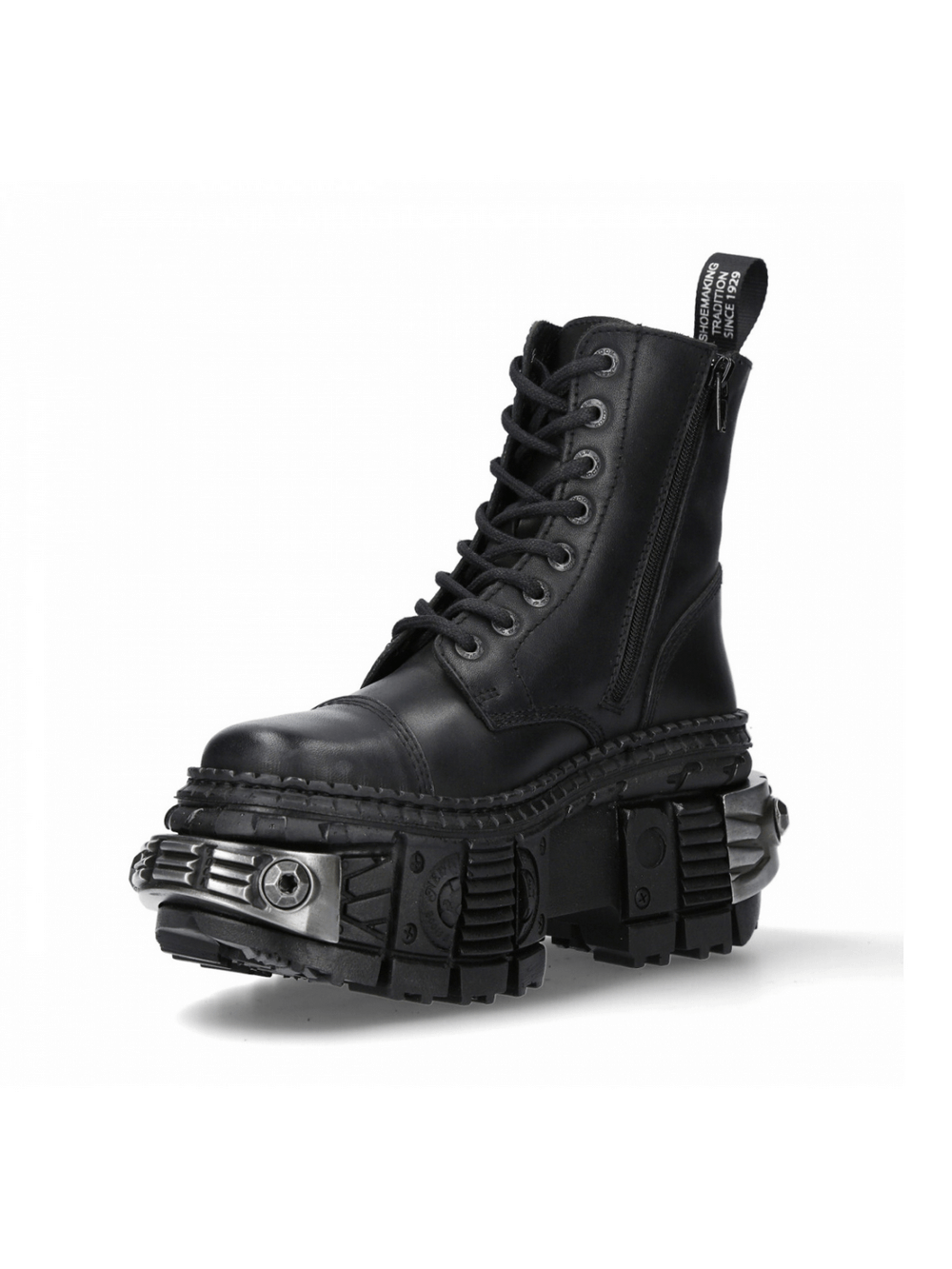 Stylish unisex black lace-up ankle boots with metallic details and platform heel, perfect for a rock-inspired look.