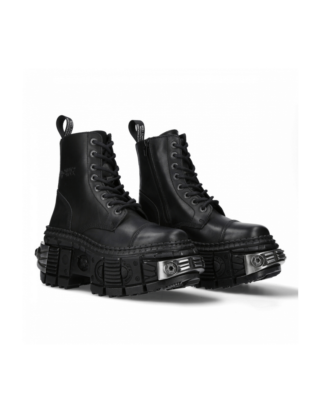 New Rock unisex black lace-up ankle boots with metallic sole, showcasing a robust military and rock fusion style.