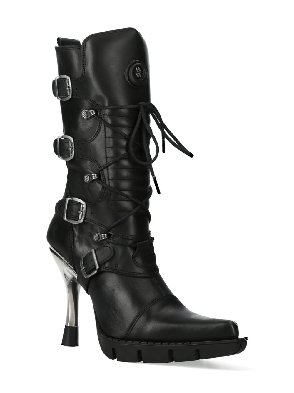 NEW ROCK Urban Black Lace-Up Heeled Boots with Buckles, featuring a bold punk rock style and striking metallic heel.